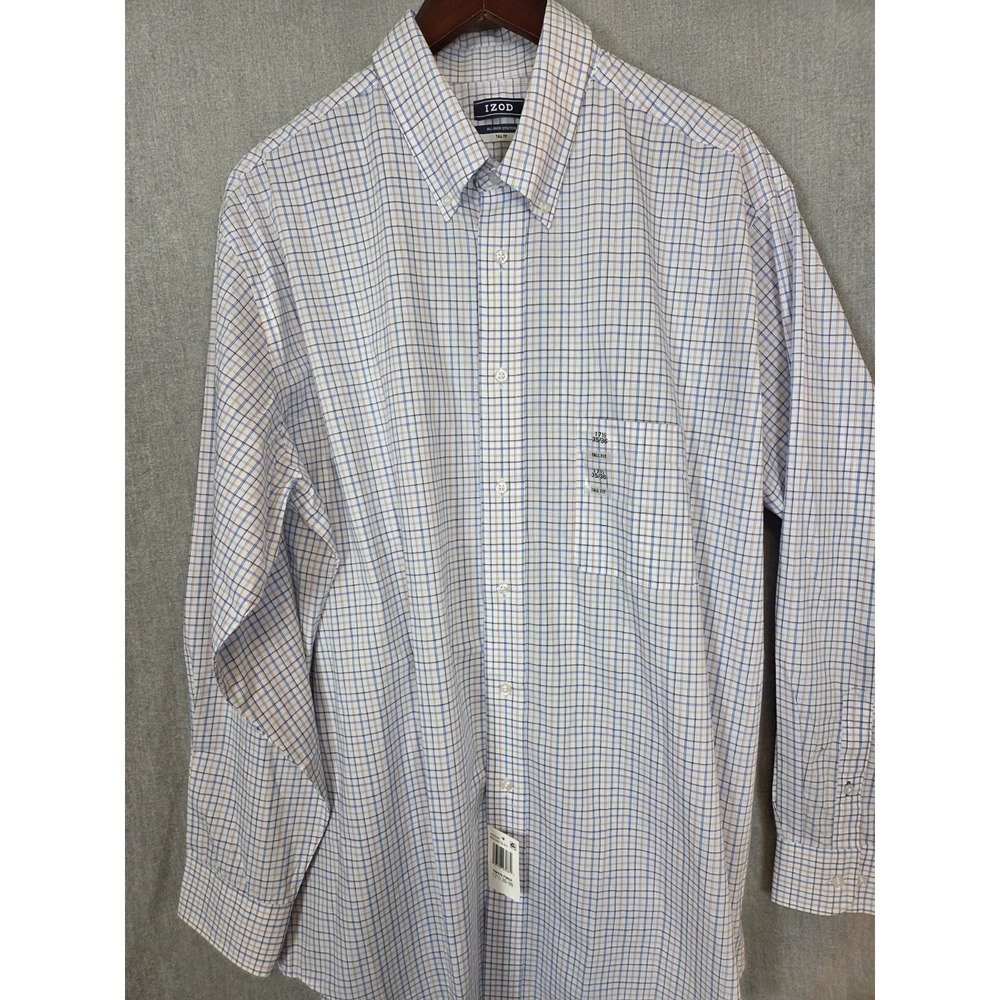 IZOD All Over Stretch Dress Shirt Mens 17.5 TALL FIT 35/36 Blue Check Office NEW - Picture 2 of 13
